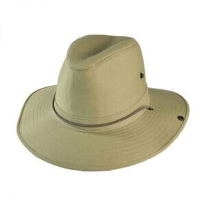 Henschel Cotton Twill Aussie Fedora Hat Canvas Wide Brim Tan Medium Made in USA